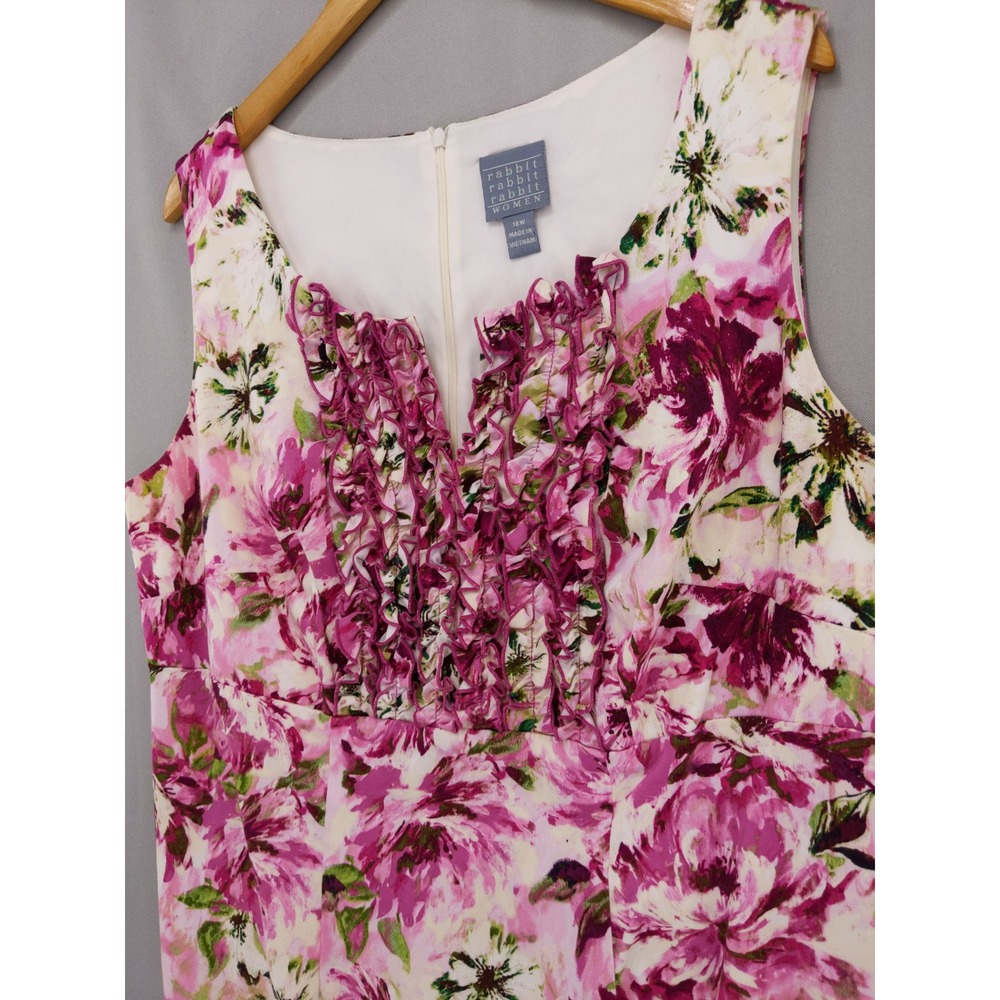 Rabbit Rabbit Rabbit Women 16W Pink Floral Ruffle V-Neck Sheath Dress - Picture 2 of 10